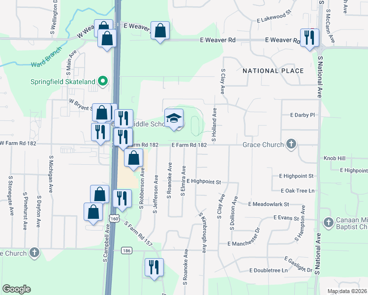 map of restaurants, bars, coffee shops, grocery stores, and more near 5407 Elmira in Springfield