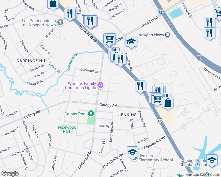 map of restaurants, bars, coffee shops, grocery stores, and more near 426 Dora Drive in Newport News