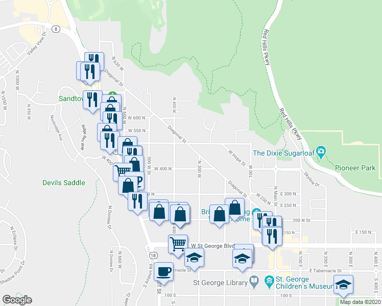 map of restaurants, bars, coffee shops, grocery stores, and more near 333 Diagonal Street in St. George