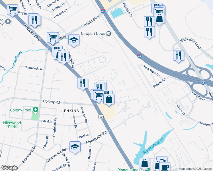 map of restaurants, bars, coffee shops, grocery stores, and more near 408 Savage Drive in Newport News