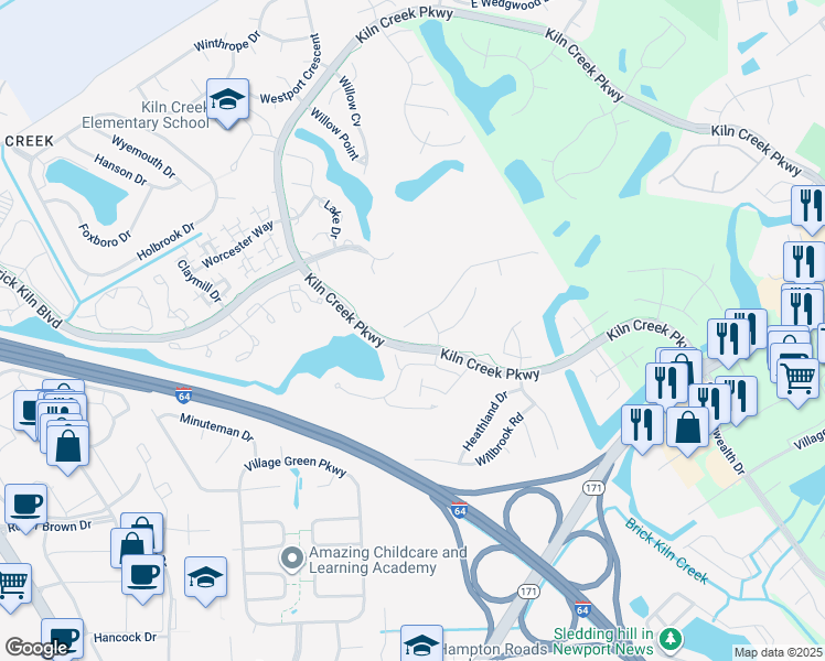 map of restaurants, bars, coffee shops, grocery stores, and more near 910 Drivers Lane in Newport News