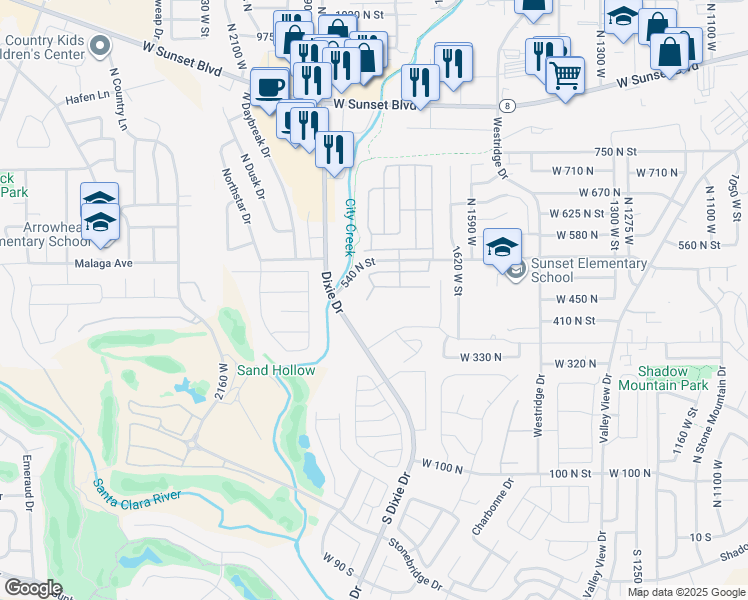 map of restaurants, bars, coffee shops, grocery stores, and more near 1841 West 540 North in St. George