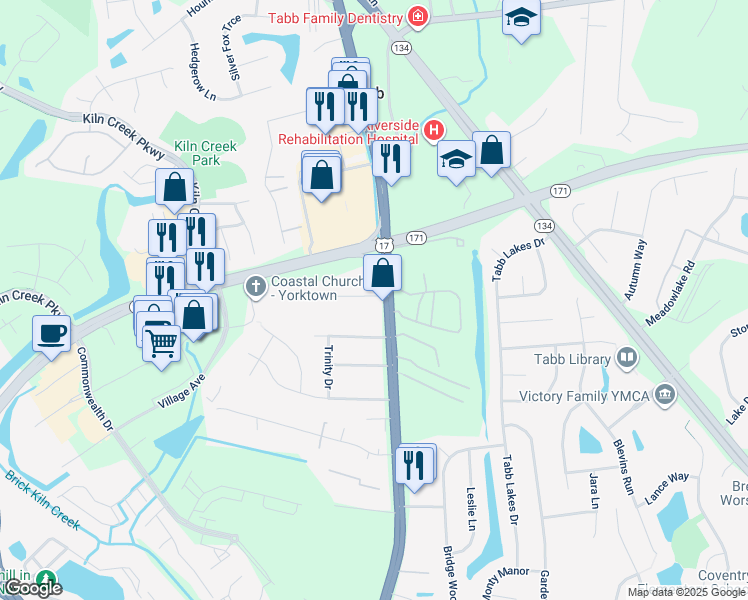 map of restaurants, bars, coffee shops, grocery stores, and more near 121 Byrd Lane in Yorktown