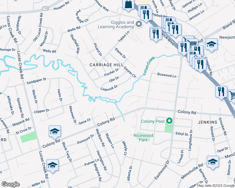 map of restaurants, bars, coffee shops, grocery stores, and more near 120 Sylvia Lane in Newport News
