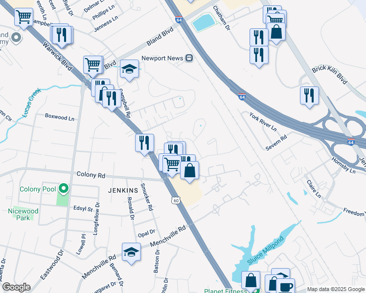 map of restaurants, bars, coffee shops, grocery stores, and more near 410 Savage Drive in Newport News