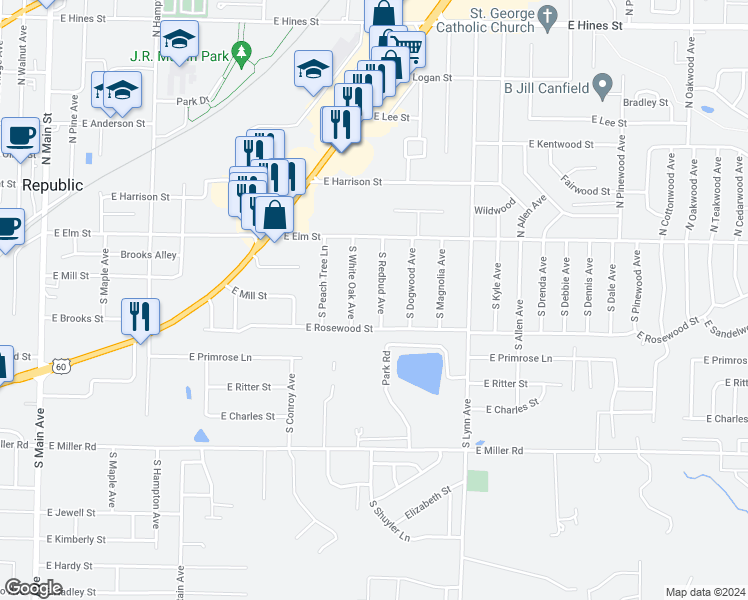 map of restaurants, bars, coffee shops, grocery stores, and more near 207 South Redbud Avenue in Republic