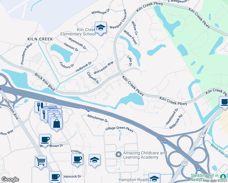 map of restaurants, bars, coffee shops, grocery stores, and more near 2217 Halifax Place in Newport News