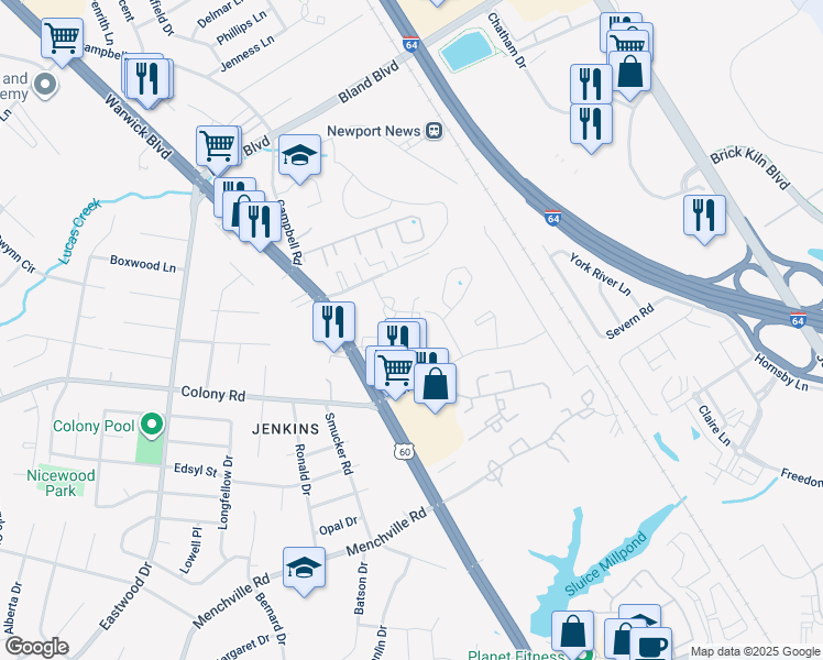 map of restaurants, bars, coffee shops, grocery stores, and more near 410 Savage Drive in Newport News