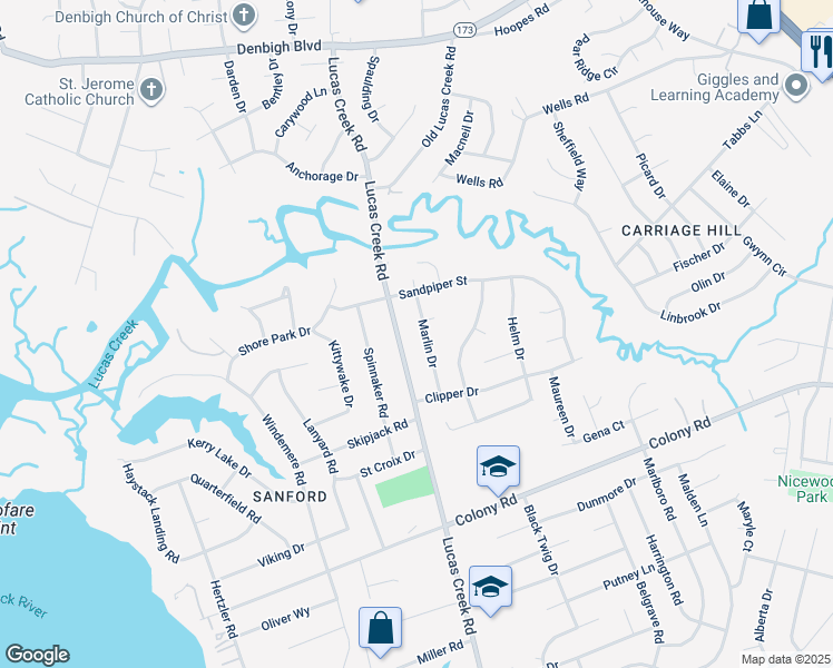 map of restaurants, bars, coffee shops, grocery stores, and more near 519 Marlin Drive in Newport News