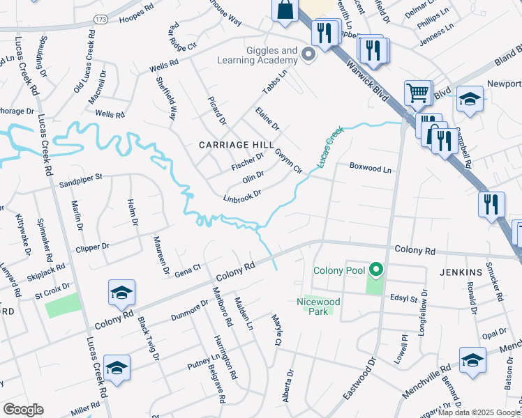 map of restaurants, bars, coffee shops, grocery stores, and more near 120 Sylvia Lane in Newport News