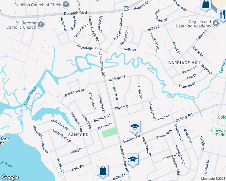 map of restaurants, bars, coffee shops, grocery stores, and more near 519 Marlin Drive in Newport News