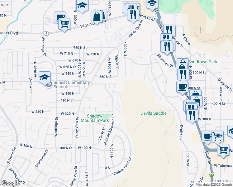 map of restaurants, bars, coffee shops, grocery stores, and more near 438 Stone Mountain Drive in St. George