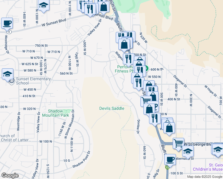 map of restaurants, bars, coffee shops, grocery stores, and more near 453 Northridge Avenue in St. George