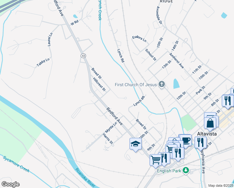 map of restaurants, bars, coffee shops, grocery stores, and more near 1303 Broad Street in Altavista