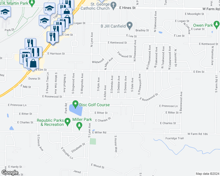 map of restaurants, bars, coffee shops, grocery stores, and more near 151 South Drenda Avenue in Republic