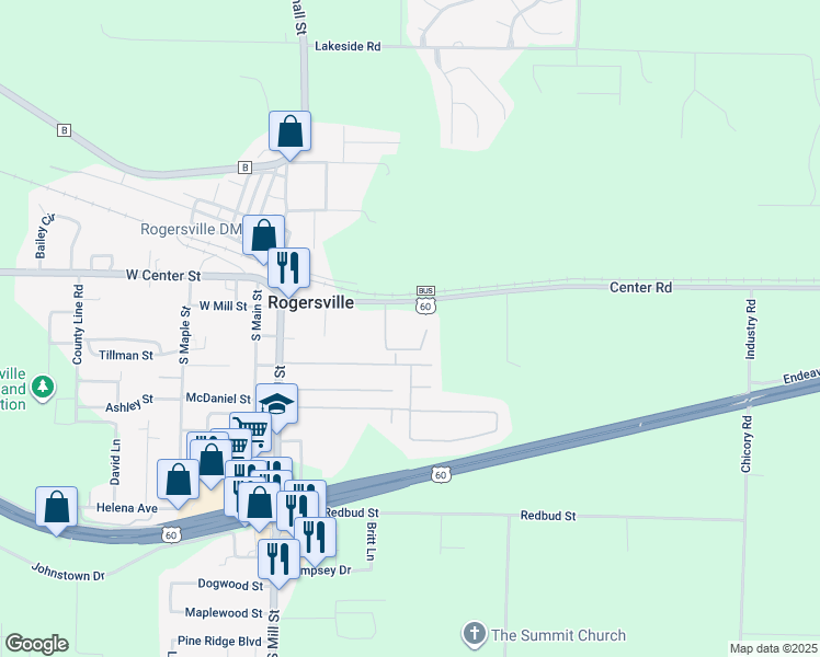 map of restaurants, bars, coffee shops, grocery stores, and more near 303 East Center Street in Rogersville