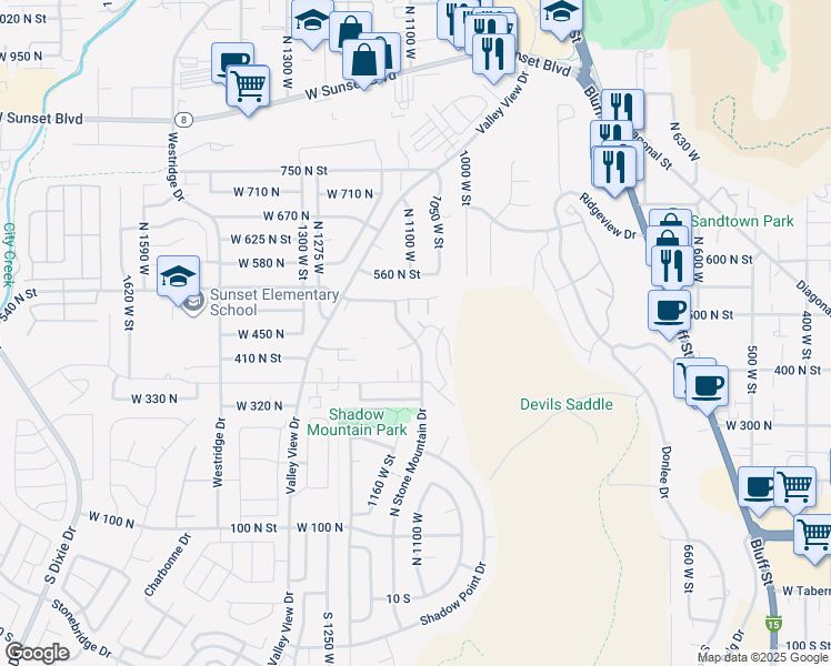map of restaurants, bars, coffee shops, grocery stores, and more near 438 Stone Mountain Drive in St. George
