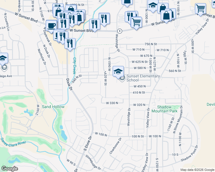 map of restaurants, bars, coffee shops, grocery stores, and more near 450 1620 West in St. George