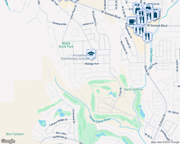 map of restaurants, bars, coffee shops, grocery stores, and more near 2372 West Zinfandel Drive in St. George