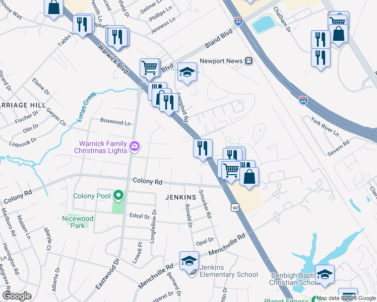 map of restaurants, bars, coffee shops, grocery stores, and more near 13441 Warwick Boulevard in Newport News