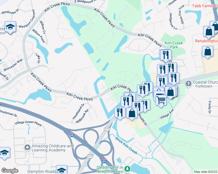 map of restaurants, bars, coffee shops, grocery stores, and more near 800 North Lismore Court in Newport News