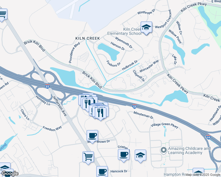 map of restaurants, bars, coffee shops, grocery stores, and more near 804 Oak Springs Court in Newport News