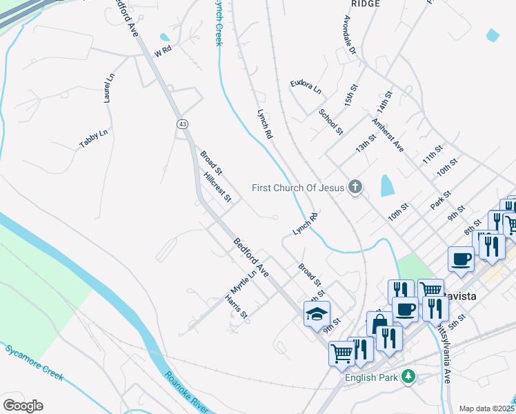 map of restaurants, bars, coffee shops, grocery stores, and more near 1303 Broad Street in Altavista