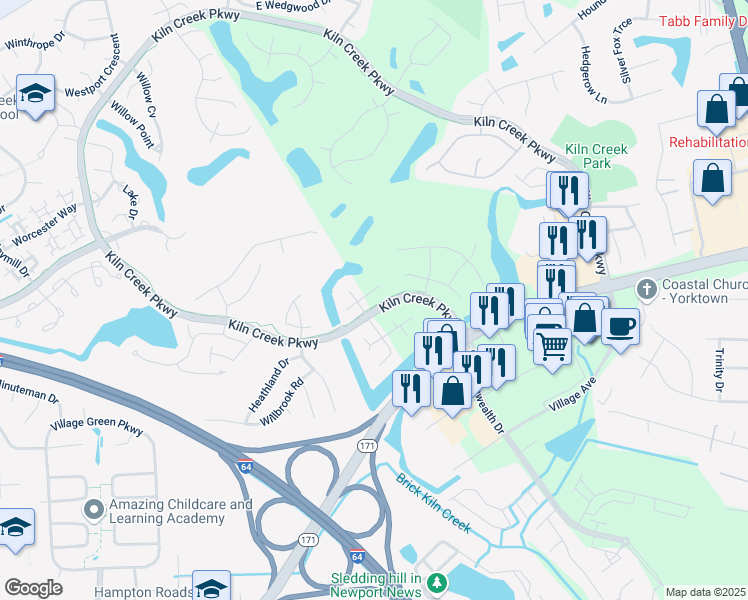 map of restaurants, bars, coffee shops, grocery stores, and more near 800 North Lismore Court in Newport News