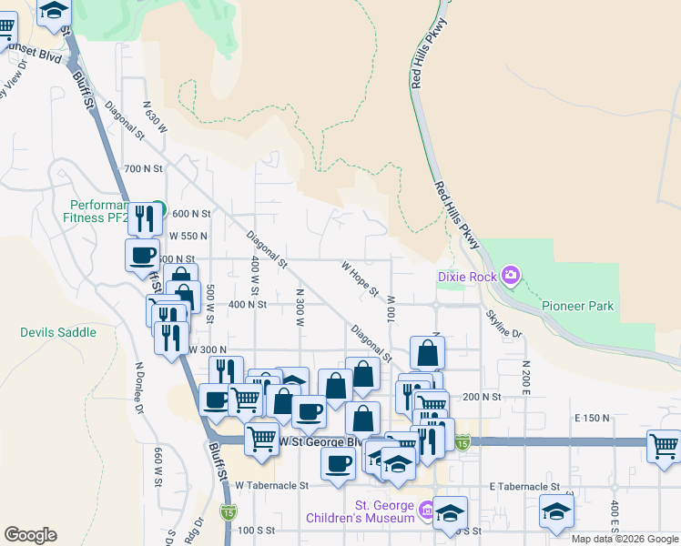 map of restaurants, bars, coffee shops, grocery stores, and more near 235 W Hope St in St George
