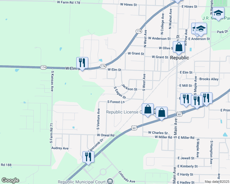 map of restaurants, bars, coffee shops, grocery stores, and more near 539 South Buxton Lane in Republic