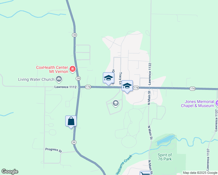 map of restaurants, bars, coffee shops, grocery stores, and more near 400 Missouri 174 in Mount Vernon