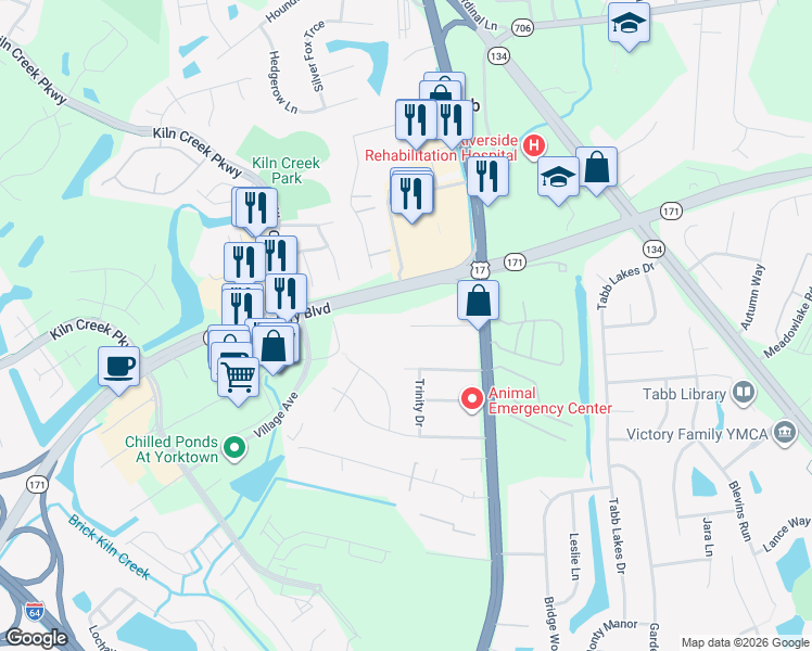 map of restaurants, bars, coffee shops, grocery stores, and more near 120 Byrd Lane in Yorktown