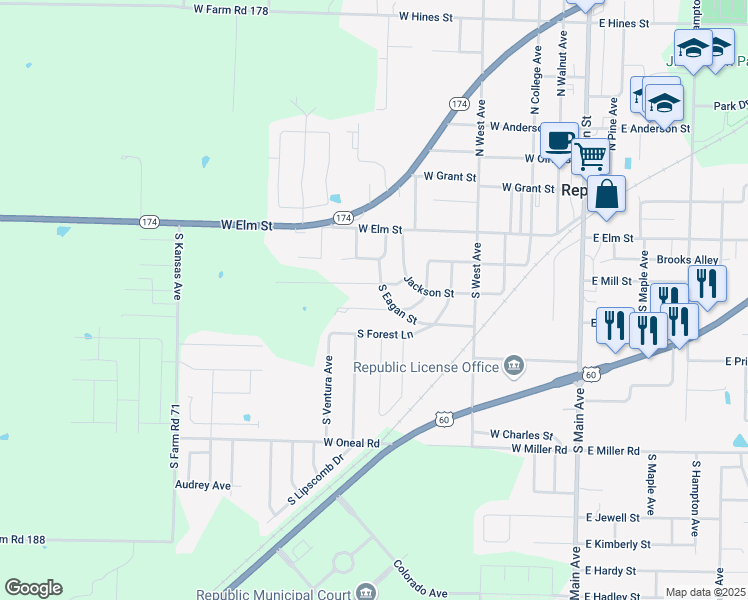 map of restaurants, bars, coffee shops, grocery stores, and more near 539 South Buxton Lane in Republic