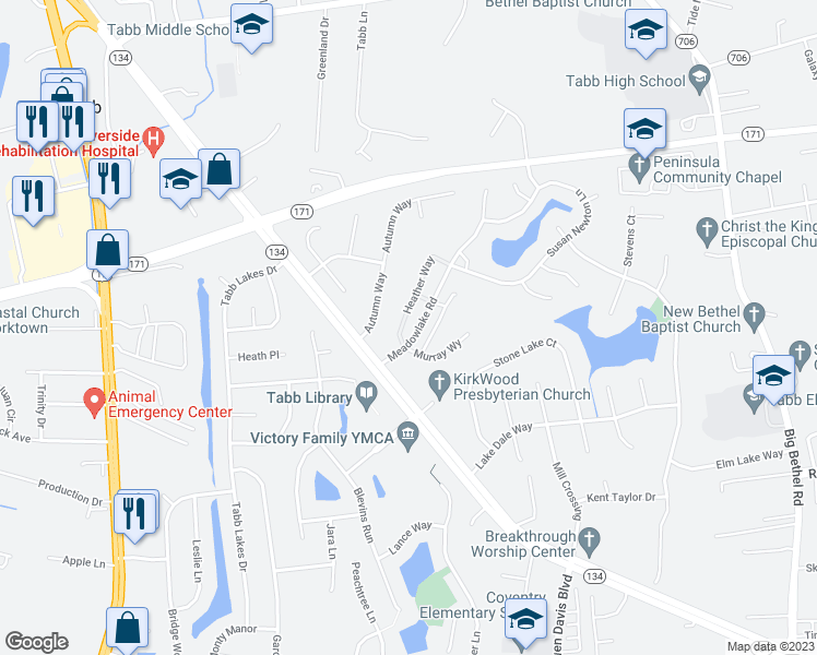 map of restaurants, bars, coffee shops, grocery stores, and more near 102 Heather Way in Yorktown