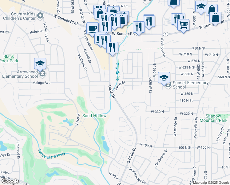 map of restaurants, bars, coffee shops, grocery stores, and more near 1841 West 540 North in St. George