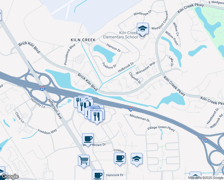 map of restaurants, bars, coffee shops, grocery stores, and more near 784 Windbrook Circle in Newport News