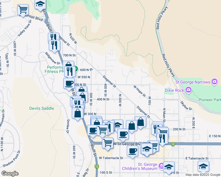 map of restaurants, bars, coffee shops, grocery stores, and more near 333 Diagonal Street in St. George