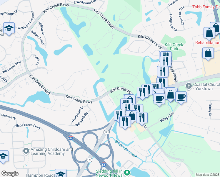map of restaurants, bars, coffee shops, grocery stores, and more near 824 Grand Bay Cove in Newport News
