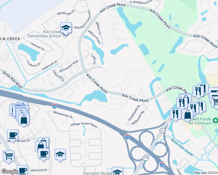 map of restaurants, bars, coffee shops, grocery stores, and more near 900 Drivers Lane in Newport News
