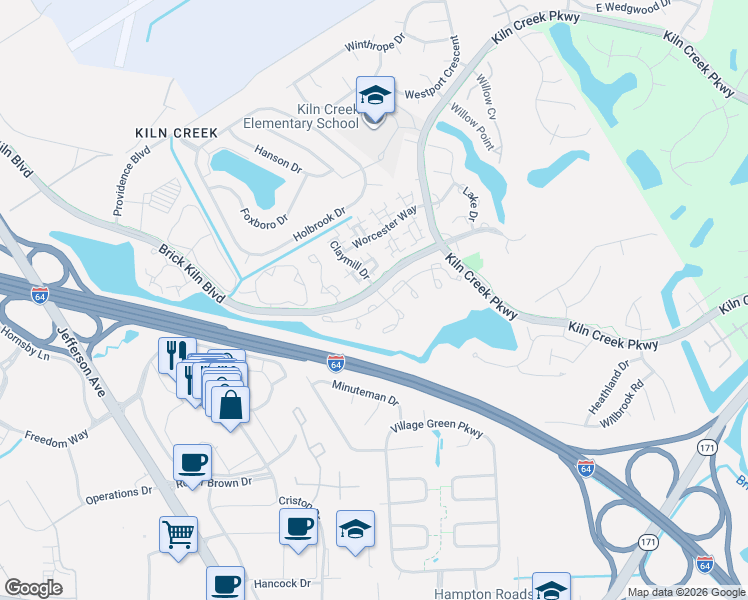 map of restaurants, bars, coffee shops, grocery stores, and more near 824 Lancaster Lane in Newport News