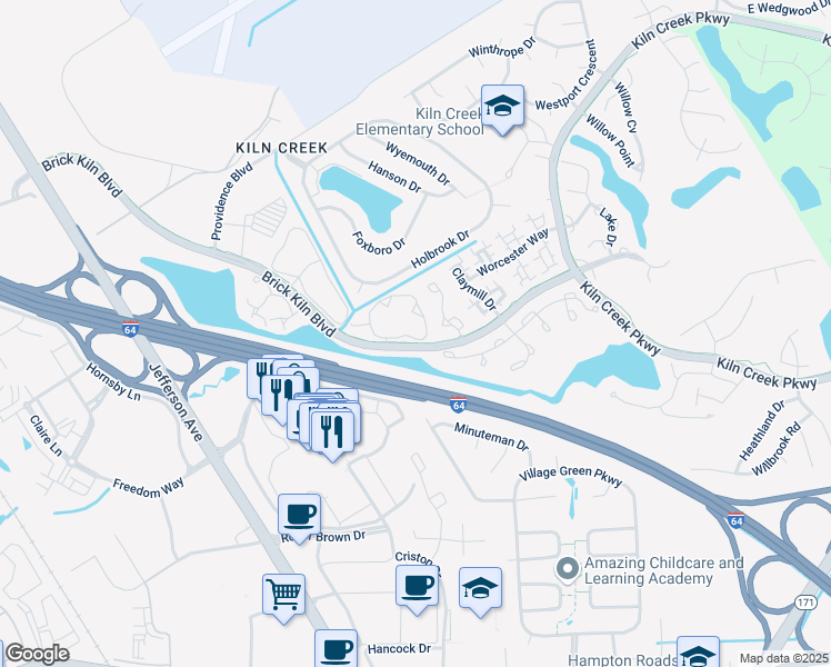 map of restaurants, bars, coffee shops, grocery stores, and more near 784 Windbrook Circle in Newport News