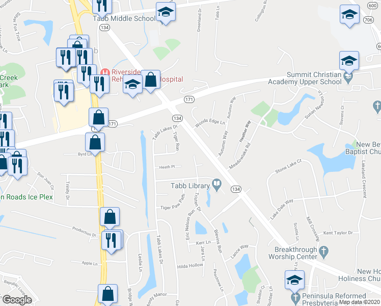 map of restaurants, bars, coffee shops, grocery stores, and more near 405 Tristen Drive in Yorktown