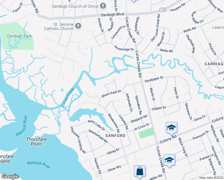 map of restaurants, bars, coffee shops, grocery stores, and more near 22 Shore Park Drive in Newport News