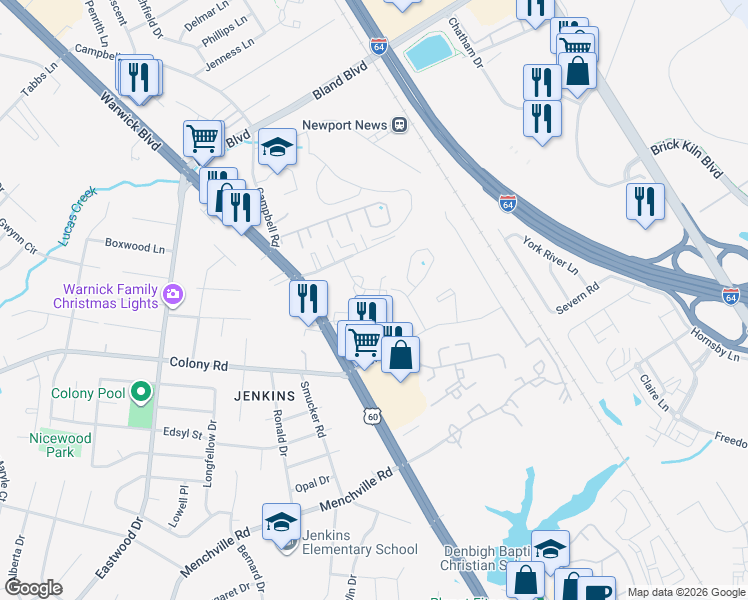 map of restaurants, bars, coffee shops, grocery stores, and more near 408 Savage Drive in Newport News