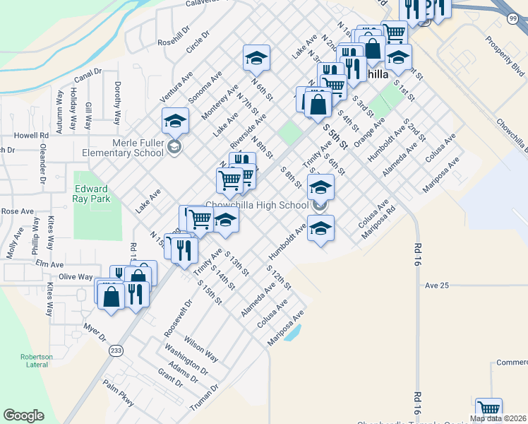map of restaurants, bars, coffee shops, grocery stores, and more near 260 South 10th Street in Chowchilla