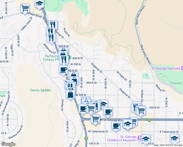 map of restaurants, bars, coffee shops, grocery stores, and more near 485 North 400 West in St. George