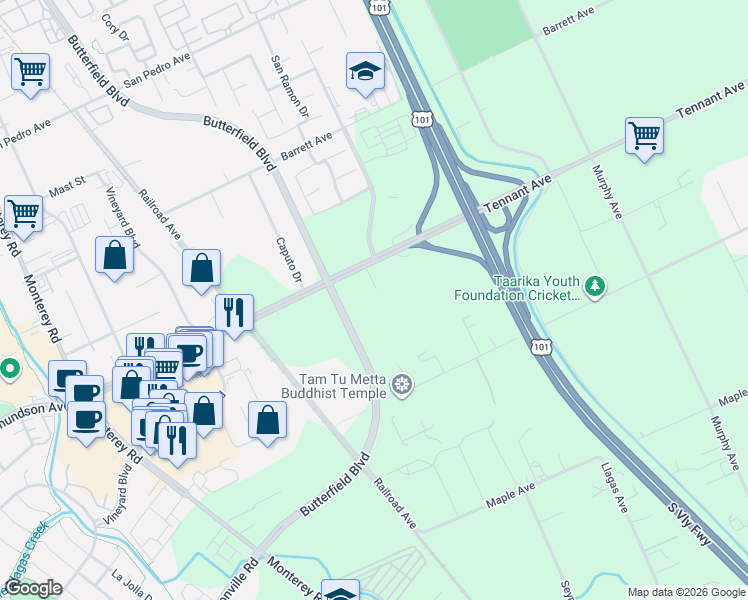 map of restaurants, bars, coffee shops, grocery stores, and more near 740 Tennant Avenue in Morgan Hill