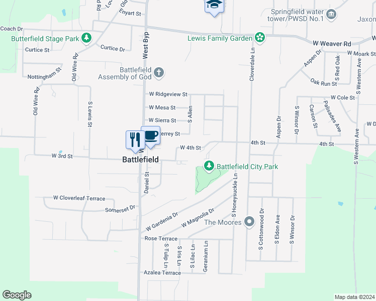 map of restaurants, bars, coffee shops, grocery stores, and more near 4122 West 4th Street in Battlefield