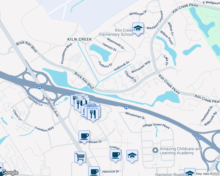 map of restaurants, bars, coffee shops, grocery stores, and more near 784 Windbrook Circle in Newport News