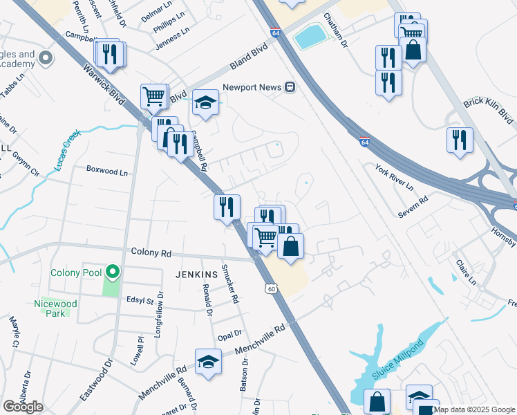 map of restaurants, bars, coffee shops, grocery stores, and more near 404 Savage Drive in Newport News